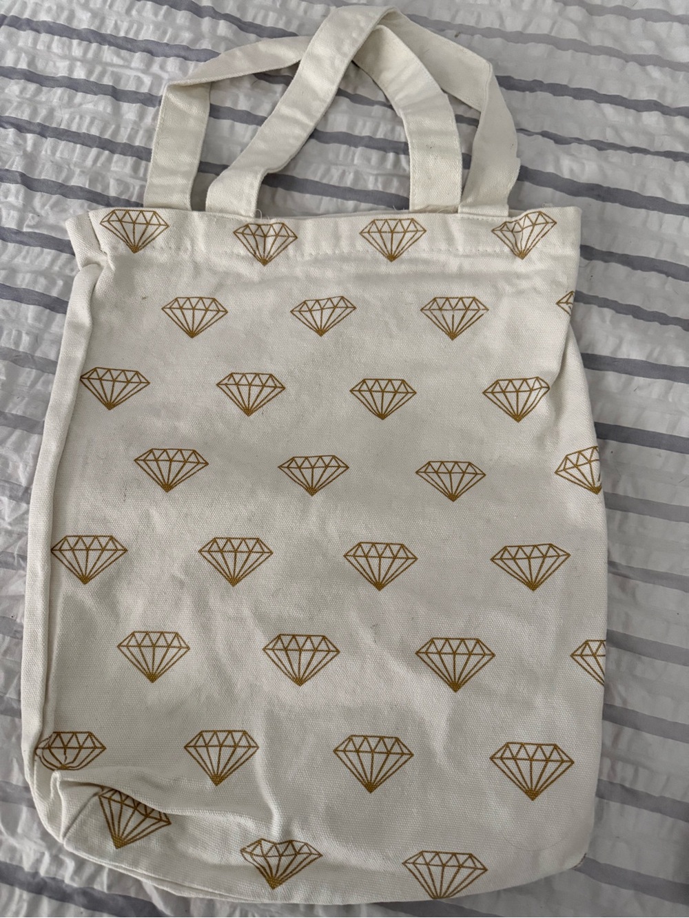Canvas Tote Bag with Gold Diamond Print - White